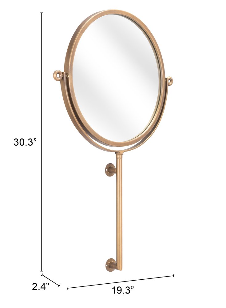 Gold round wall mount mirror with visible dimensions of 30.3 inches height, 19.3 inches width, and 2.4 inches depth.