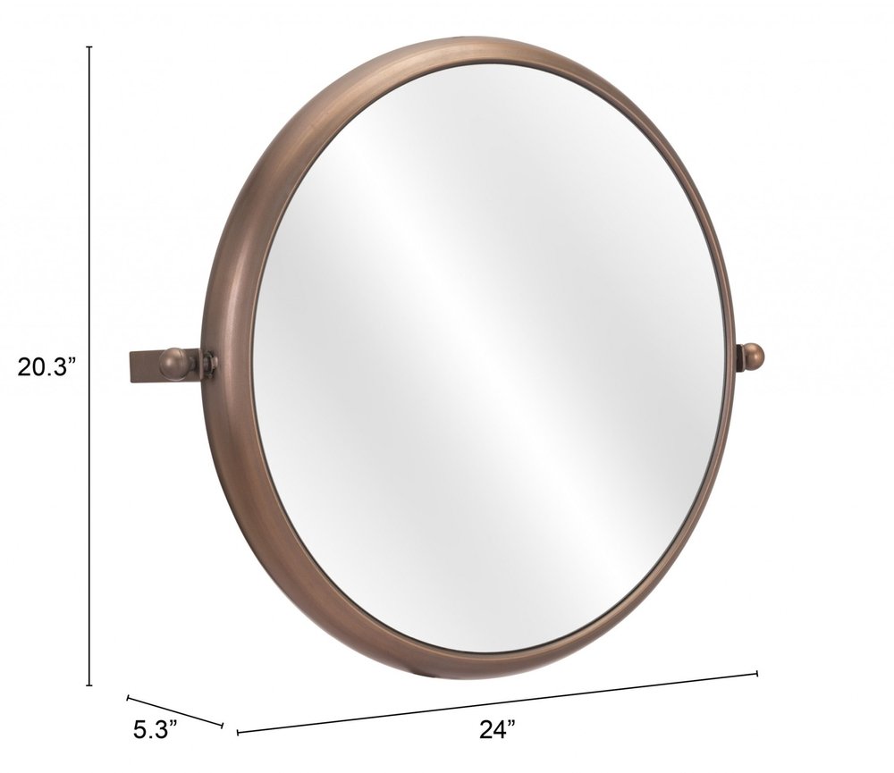 Round industrial gold mirror with visible dimensions 20.3" height, 24" width, and 5.3" depth.