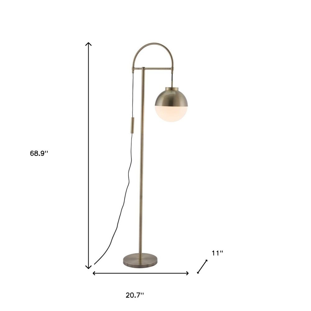 69" Bronze Steel Floor Lamp With Bronze Steel Globe Shade. Floor lamp isolated on a plain white background, showing a metal surface.