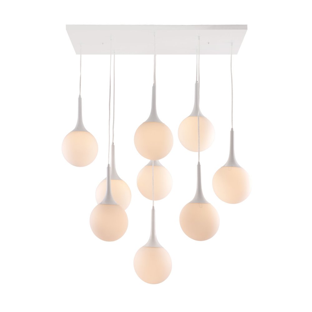 White Shaded Nine Light Metal Dimmable Ceiling Light on a white background