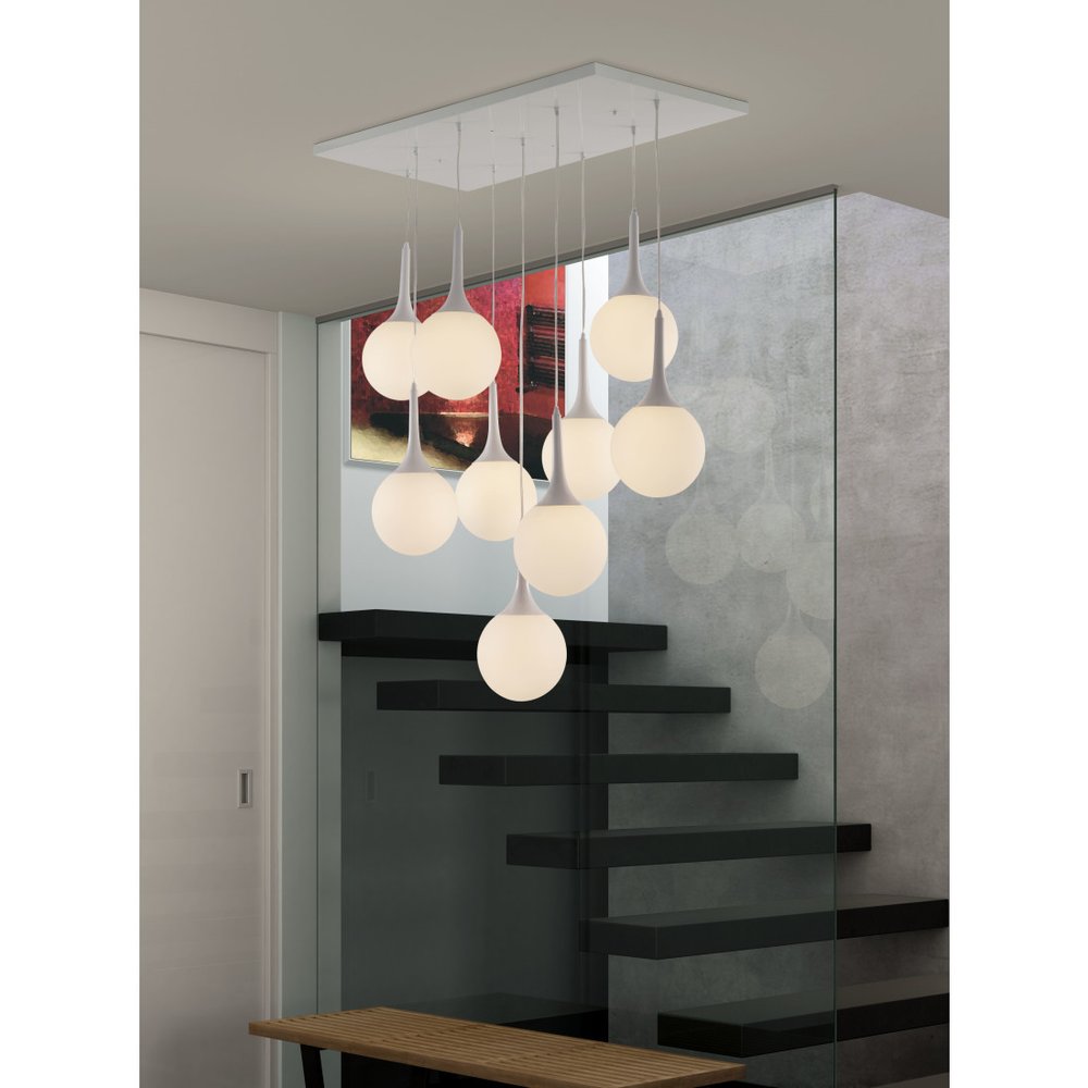 White Shaded Nine Light Metal Dimmable Ceiling Light on a white background