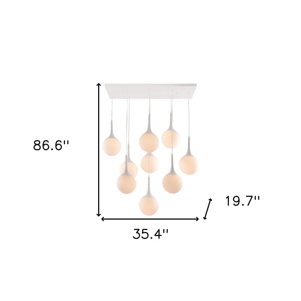 White Shaded Nine Light Metal Dimmable Ceiling Light on a white background