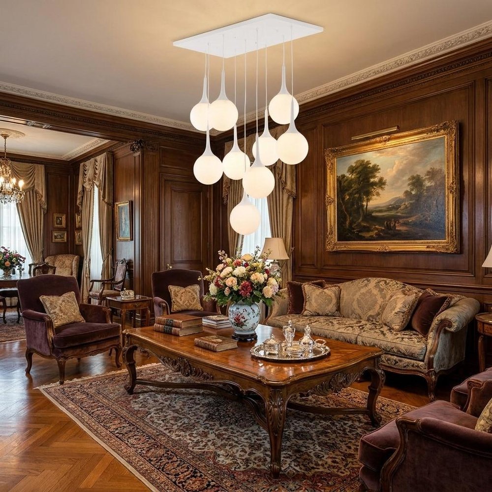 White Shaded Nine Light Metal Dimmable Ceiling Light in a home interior