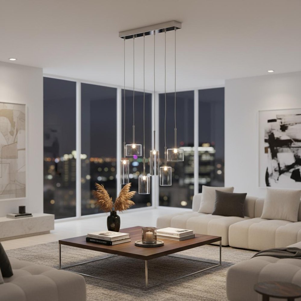 Silver Kitchen Island Six Light Metal LED Ceiling Light With Shades