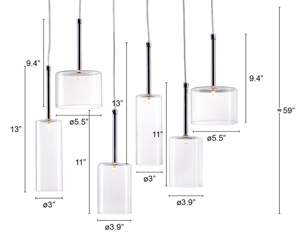 A silver six-light LED ceiling light with clear glass shades, featuring dimensions of 9.4", 13", 11", and Ø3" to Ø5.5".