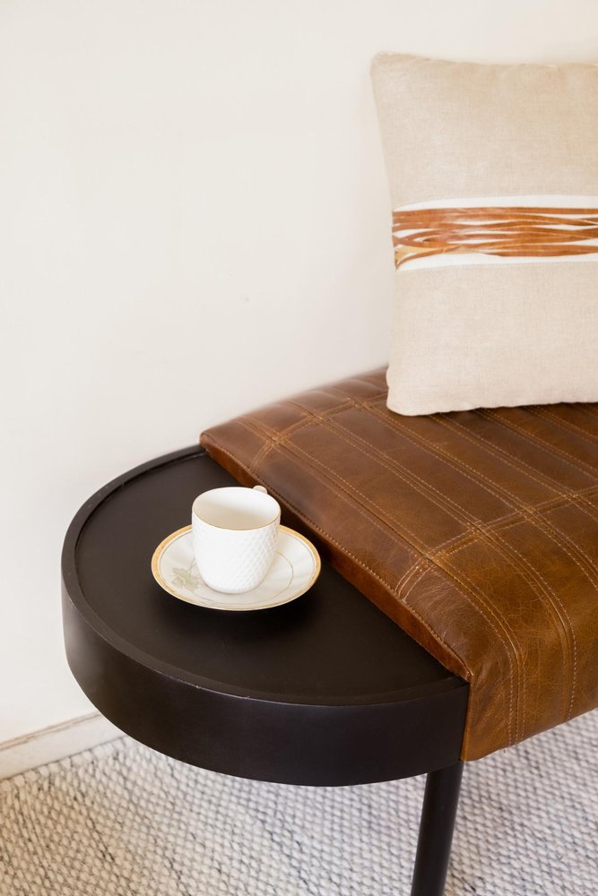 Warm Brown Leather And Solid Wood Bench in a home interior