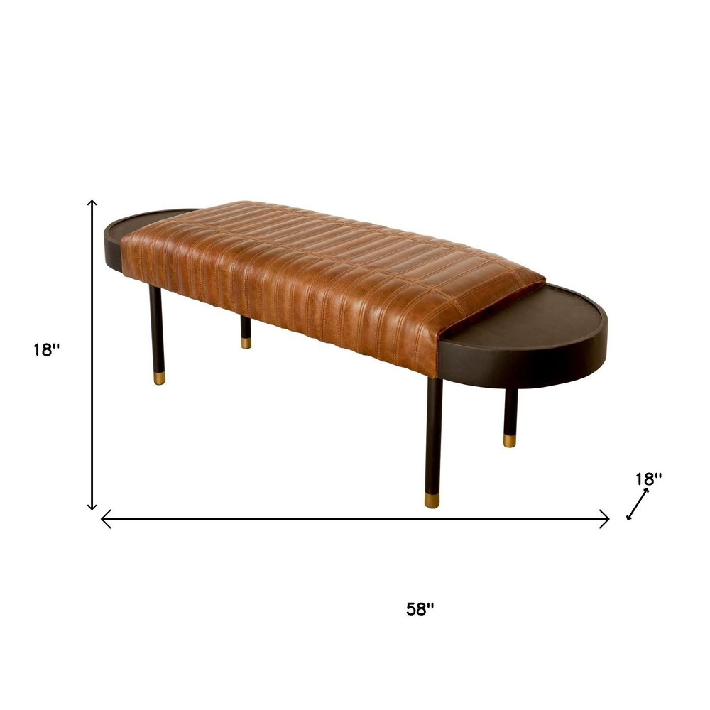 Warm Brown Leather And Solid Wood Bench on a white background