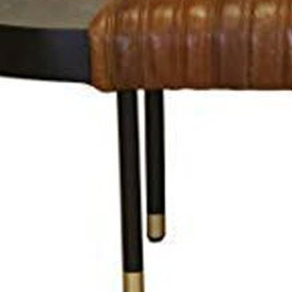 Warm Brown Leather And Solid Wood Bench on a white background