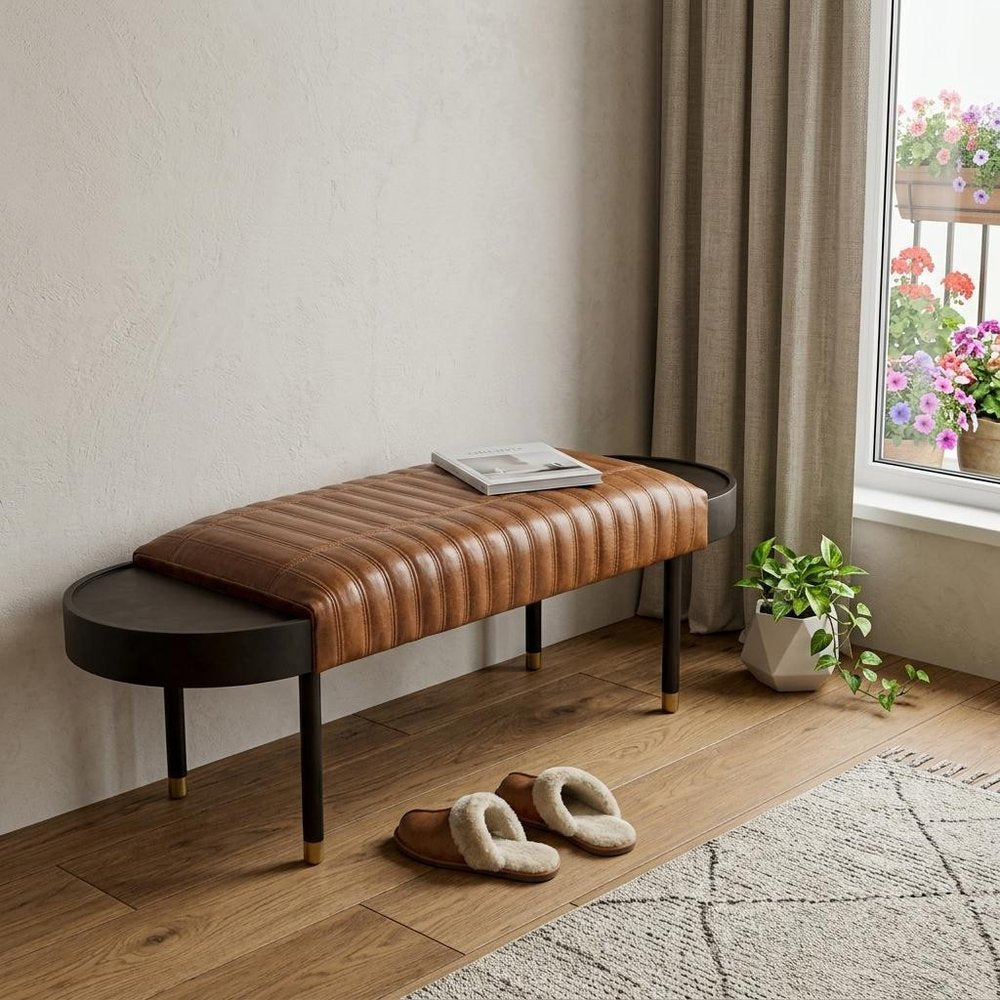 Warm Brown Leather And Solid Wood Bench in a home interior
