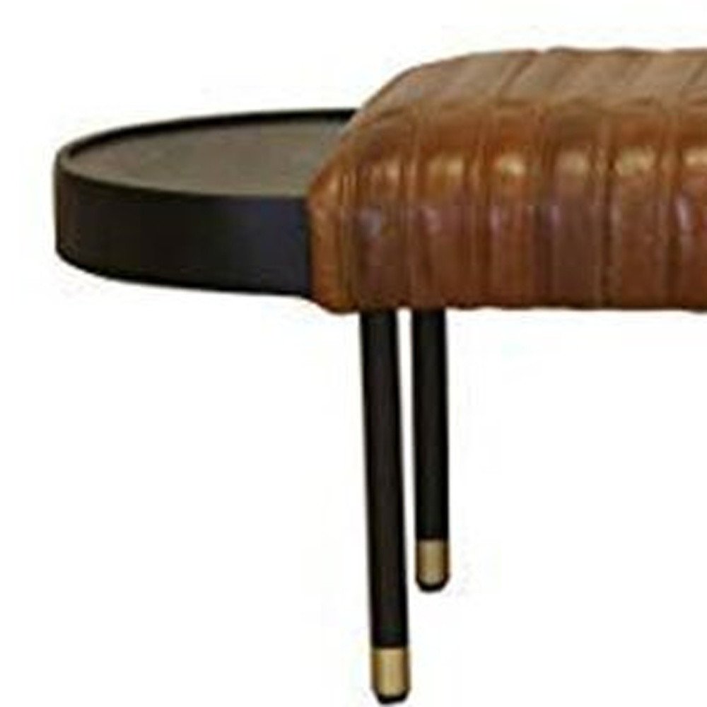 Warm Brown Leather And Solid Wood Bench on a white background