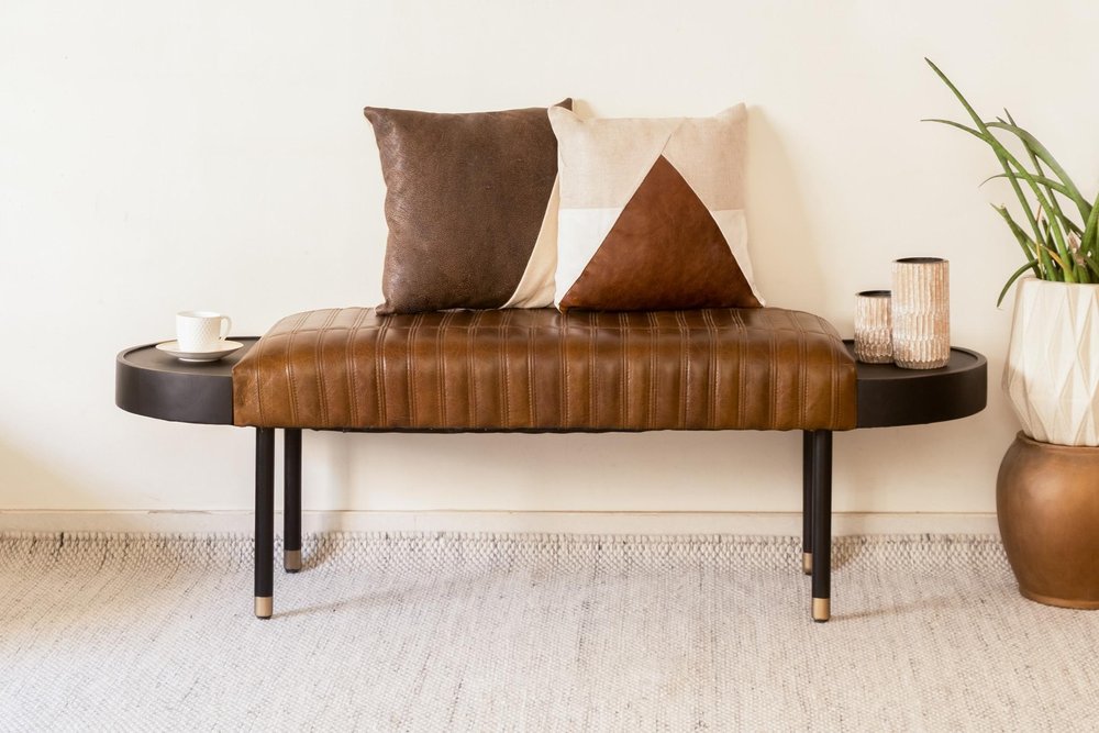 Warm Brown Leather And Solid Wood Bench close-up detail