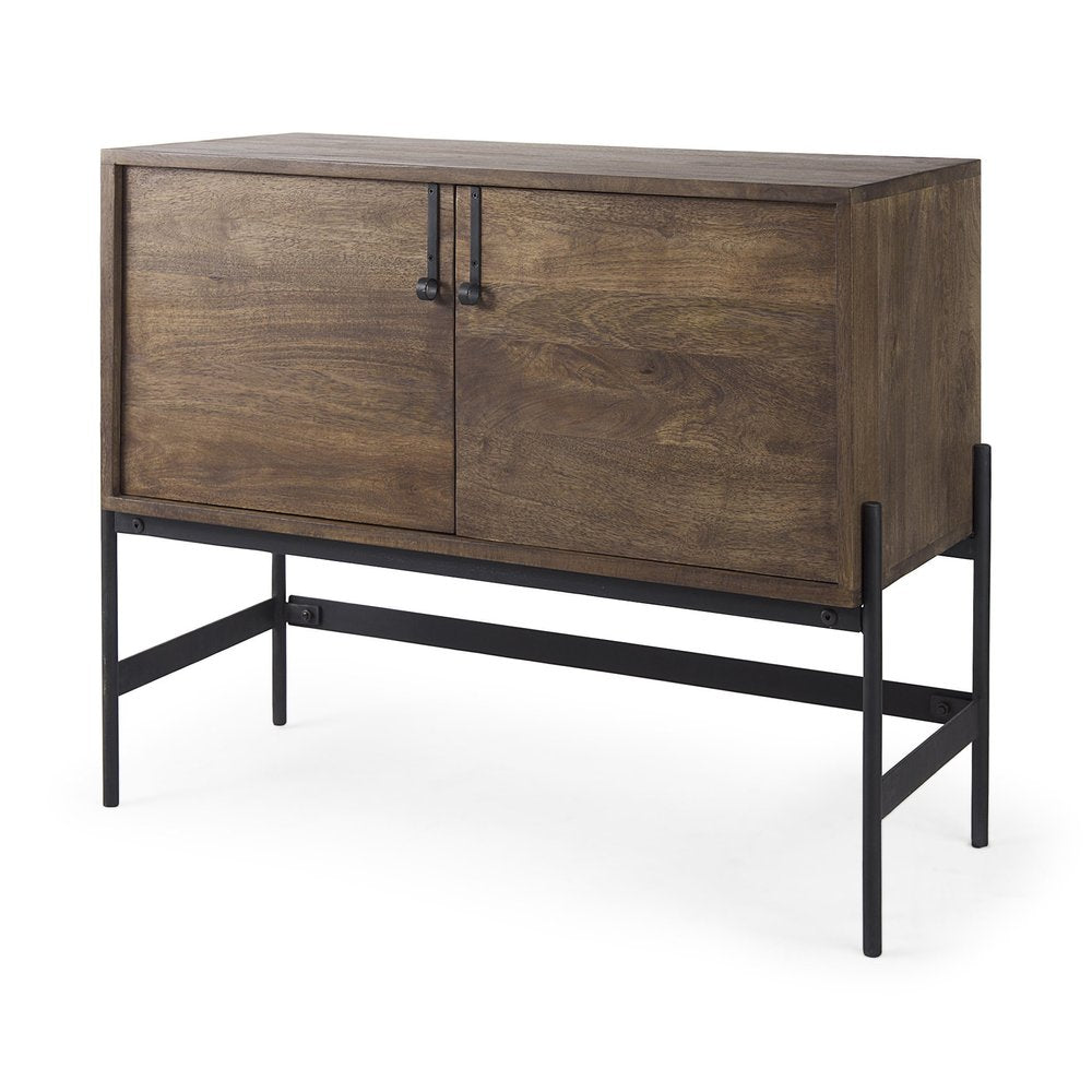 Dark brown two-door cabinet with black metal legs on a white background.