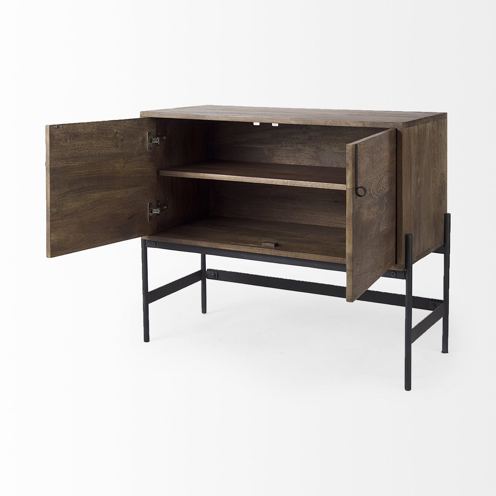 Dark Brown Two Door Cabinet With Metal Legs on a white background