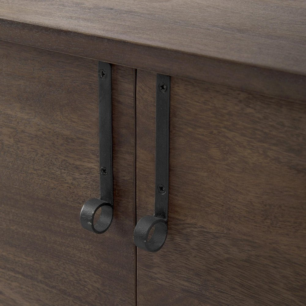 Dark Brown Two Door Cabinet With Metal Legs close-up detail