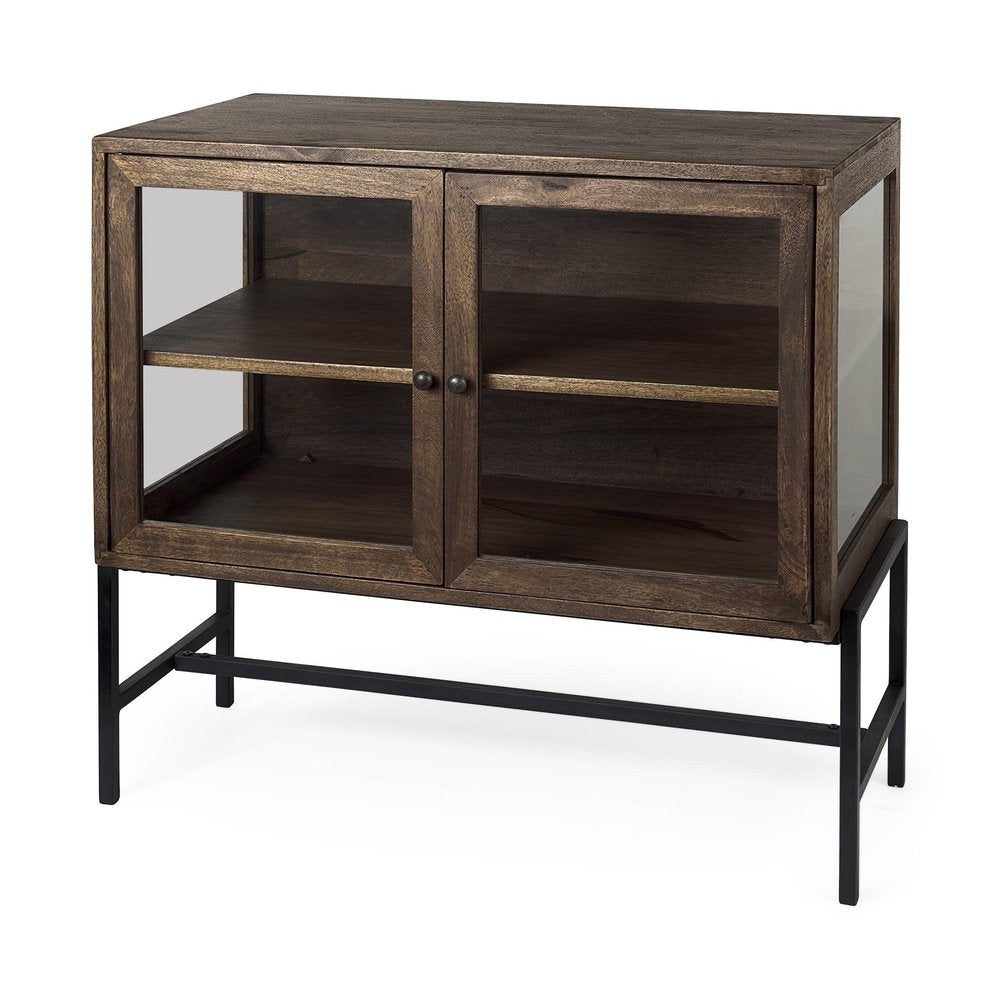 Rustic dark brown two-door shadowbox cabinet with glass doors and shelves on black metal legs against a white background.