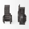 Set of Two Matte Black Industrial Cog Bookends on a white background