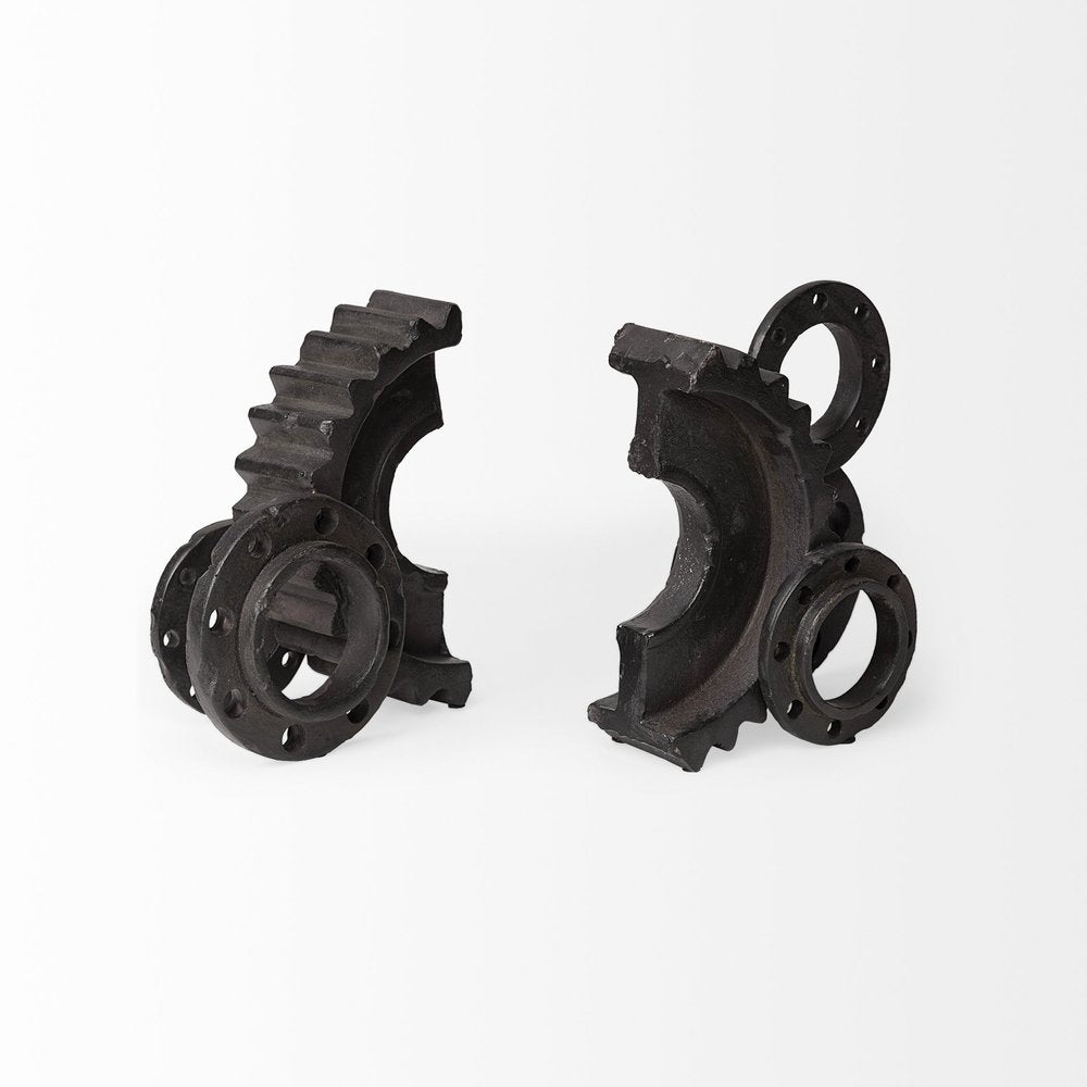 Set of Two Matte Black Industrial Cog Bookends