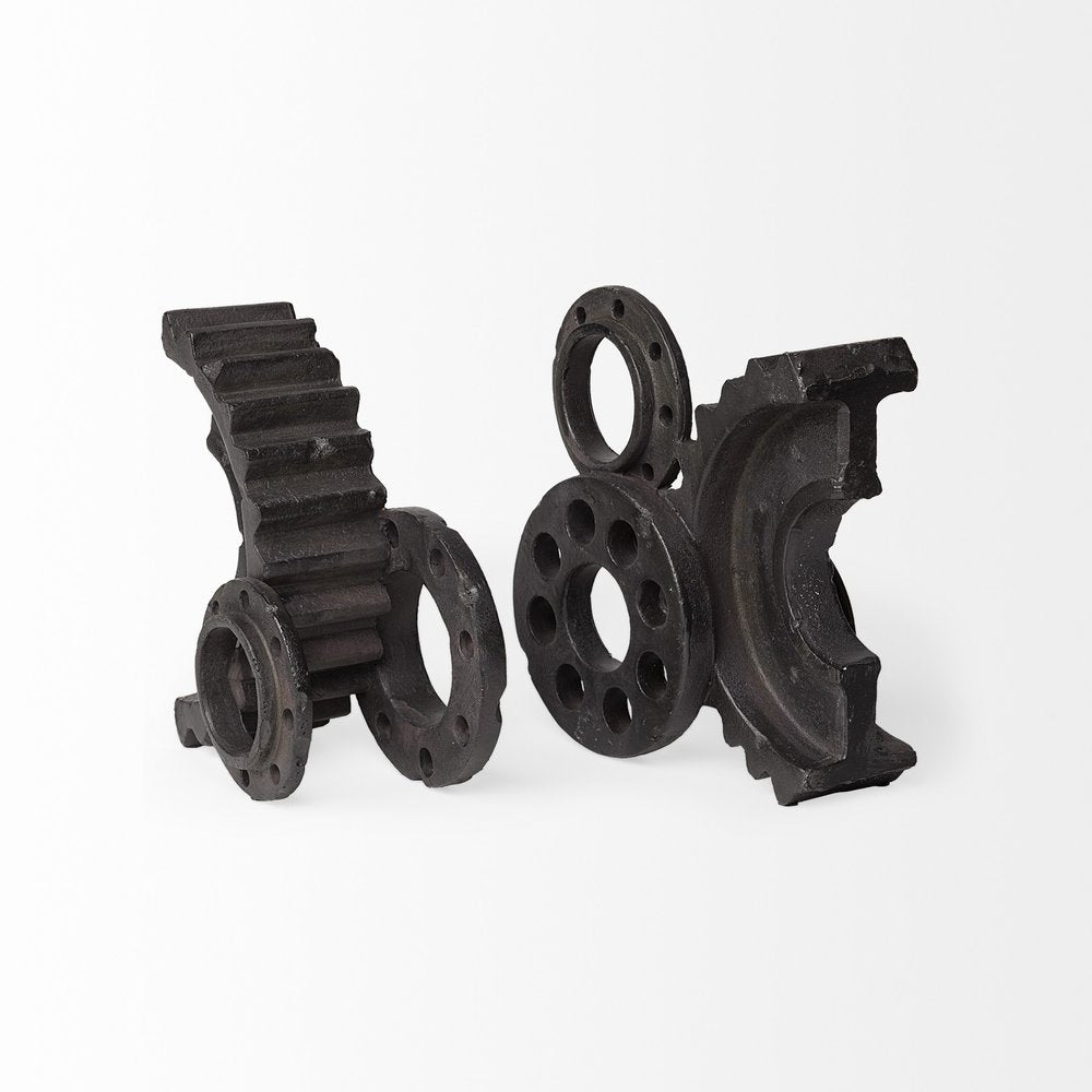 Set of Two Matte Black Industrial Cog Bookends