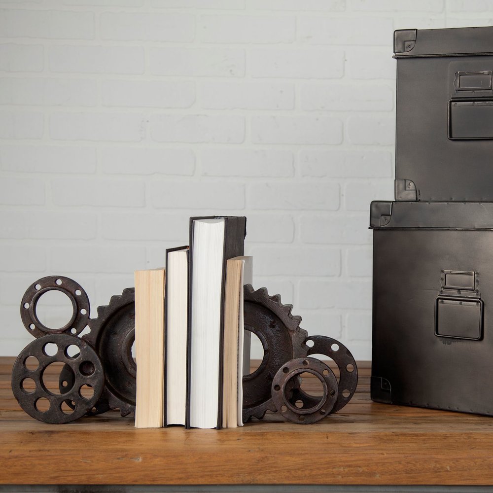 Set of Two Matte Black Industrial Cog Bookends in a home interior
