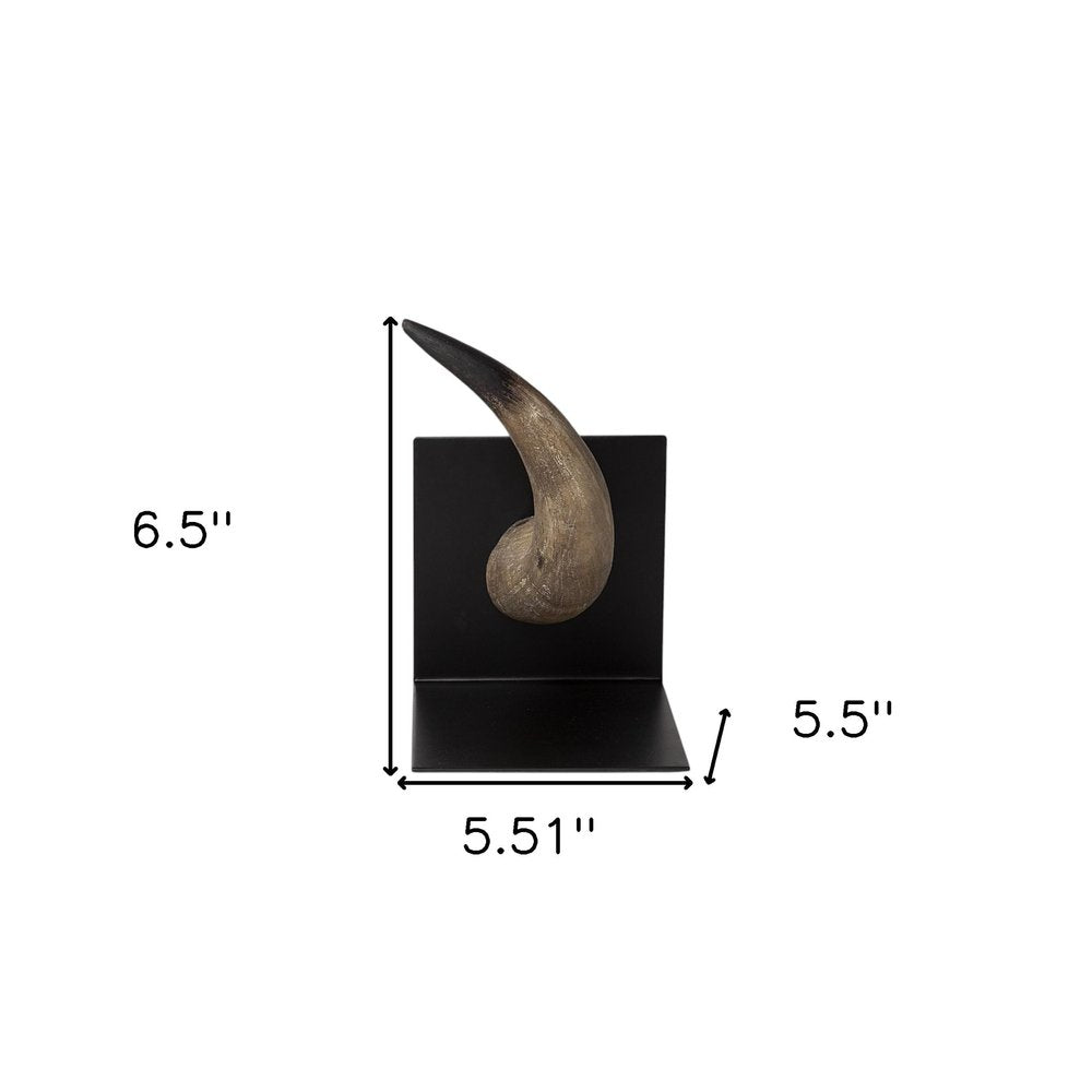 Set of Two Brown And Black Resin And Metal Horn Decorative Bookends