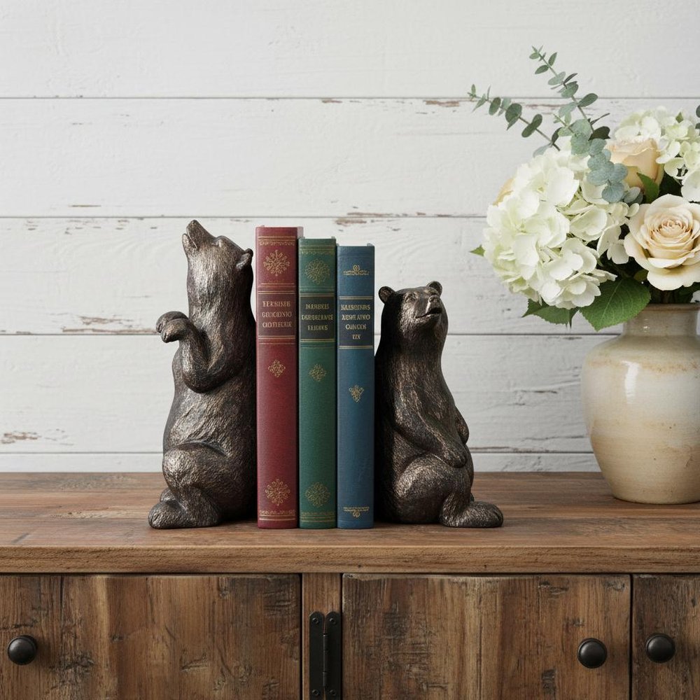 Set of Two Gray Resin Bear Decorative Bookends in a home interior