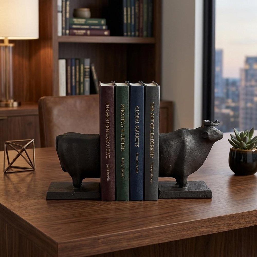 Set of Two 7" Black Fabric Bull Decorative Bookends
