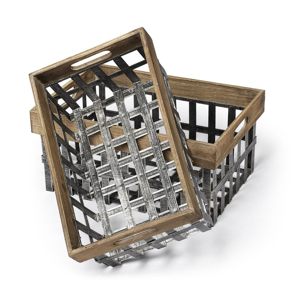 Set of two gray metal and wood baskets with lattice design on a white background.