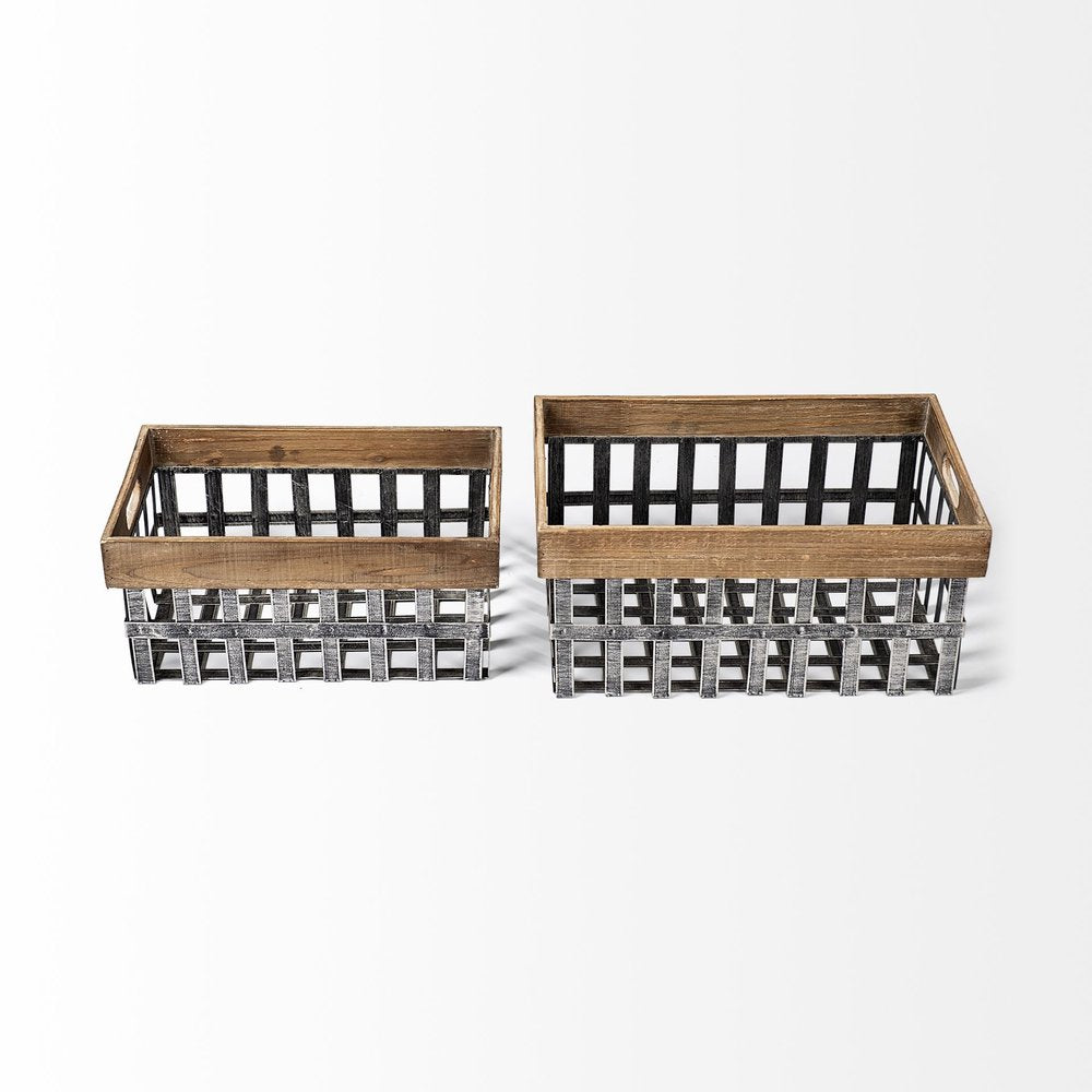 Set of Two 19" Gray Metal Basket on a white background