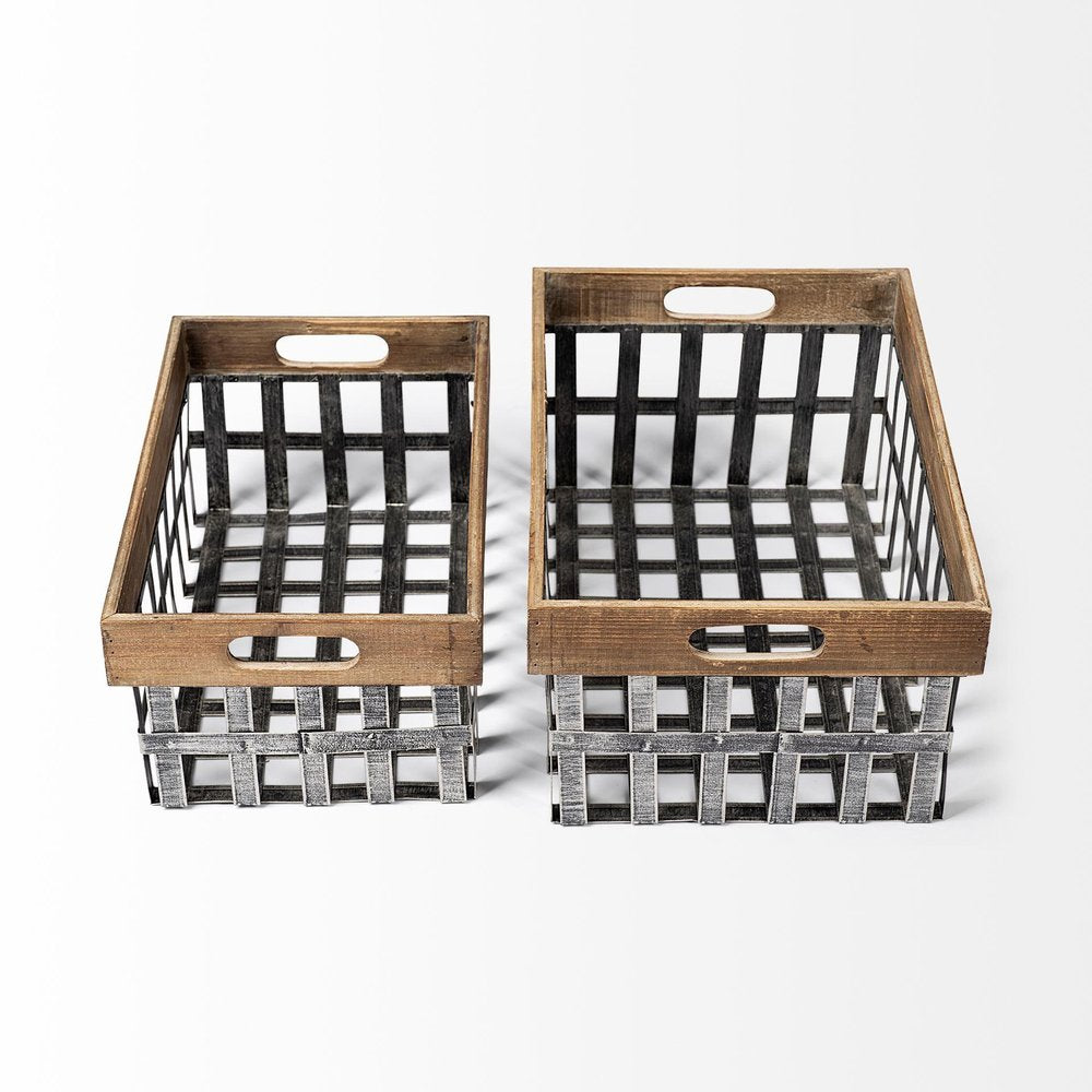 Set of Two 19" Gray Metal Basket on a white background