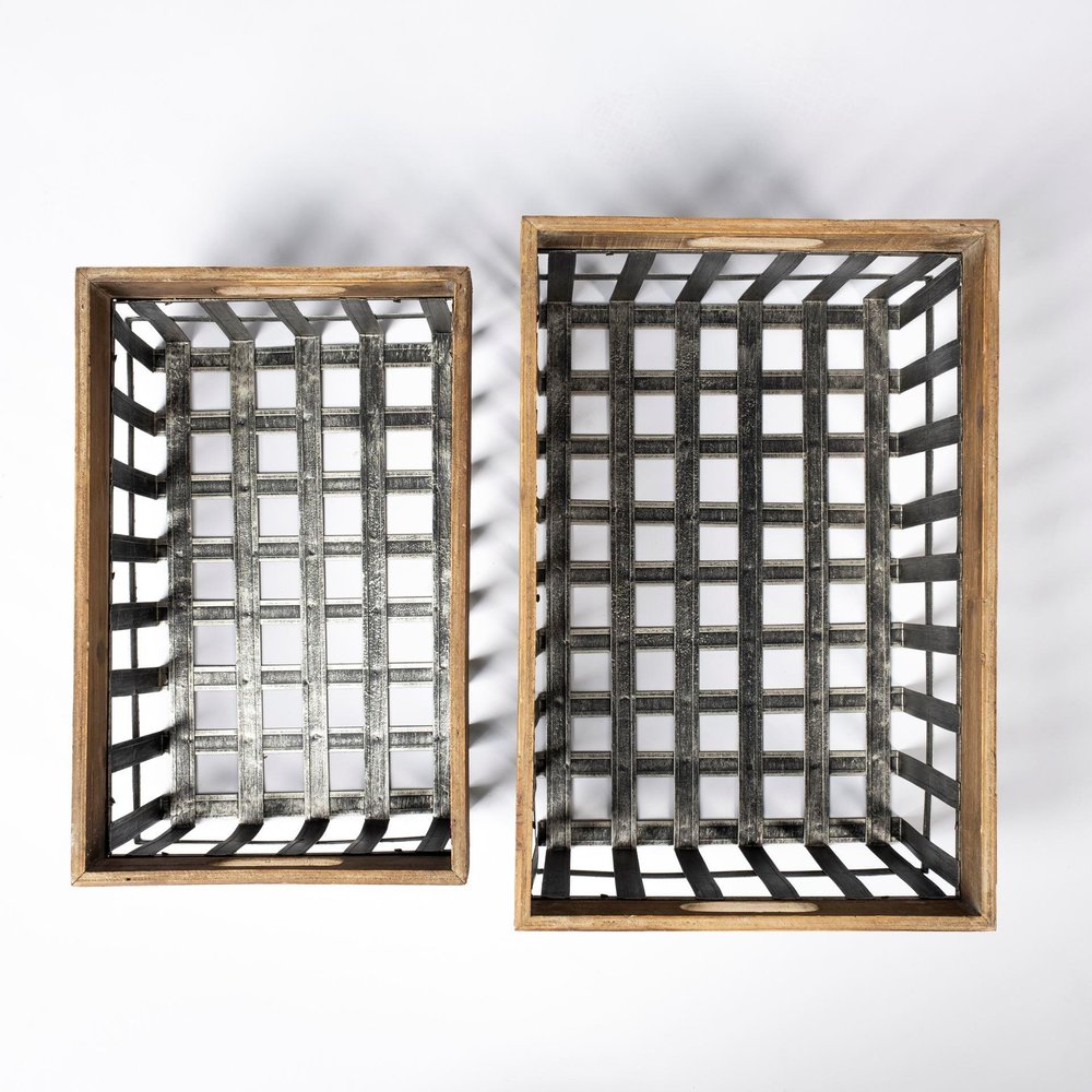 Set of Two 19" Gray Metal Basket on a white background