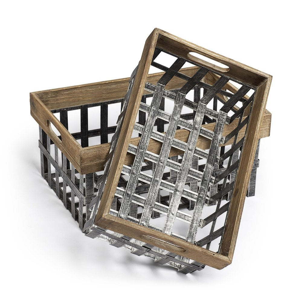 Set of Two 19" Gray Metal Basket on a white background
