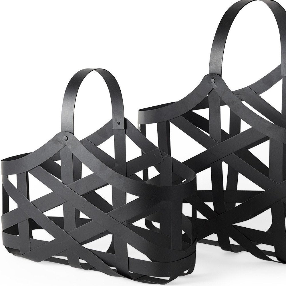 Set Of Two Black Geometric Metal Baskets on a white background