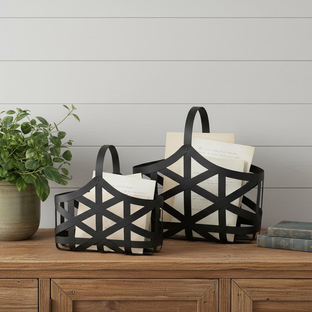 Set Of Two Black Geometric Metal Baskets in a home interior