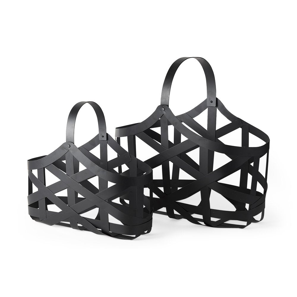 Set Of Two Black Geometric Metal Baskets on a white background