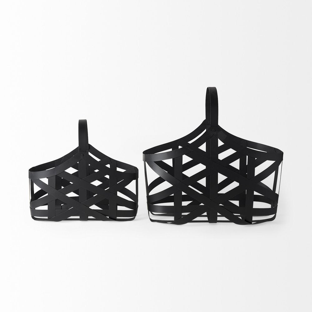 Set Of Two Black Geometric Metal Baskets on a white background