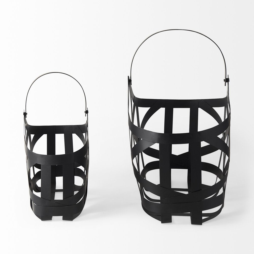 Set Of Two Black Geometric Metal Baskets on a white background