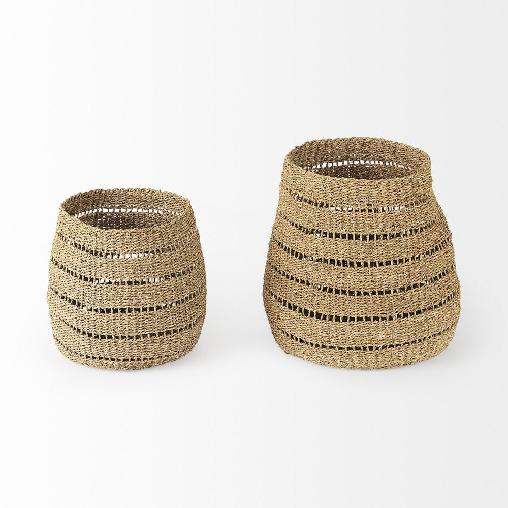 Two brown wicker baskets of different sizes on a white background.