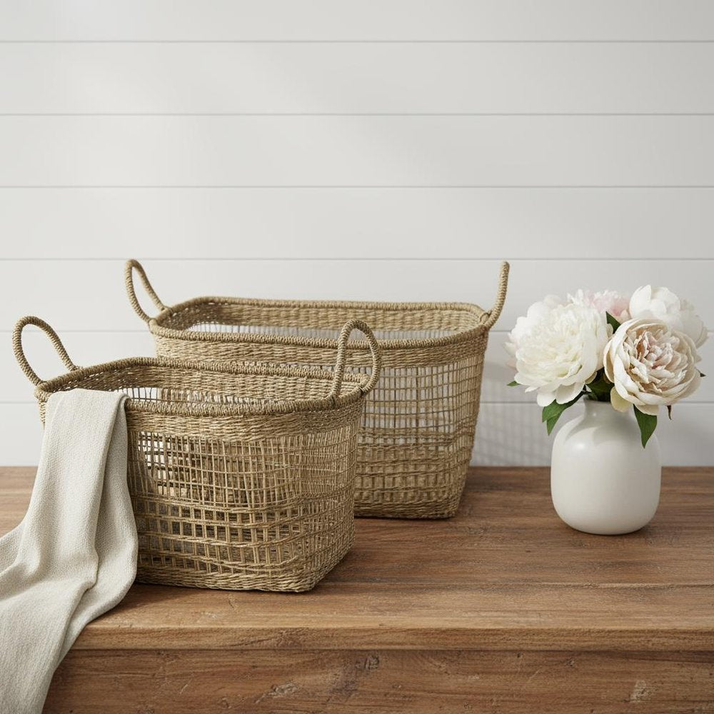 Set of Two Brown Wicker Basket in a home interior