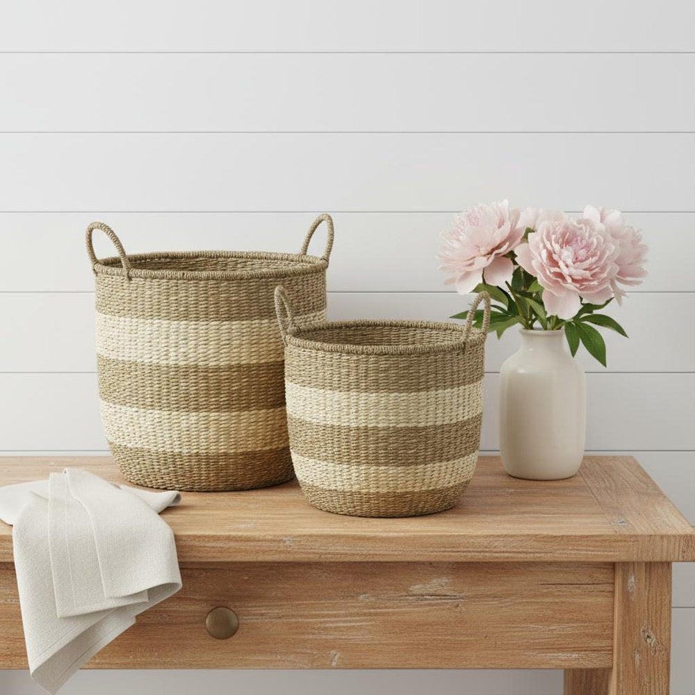 Set of Two Natural And Beige Wicker Basket in a home interior
