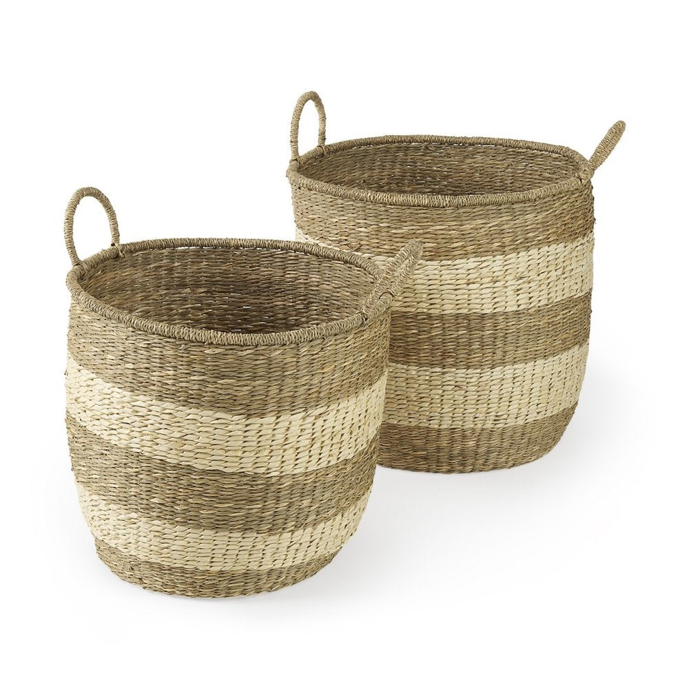 Two round wicker baskets with handles, featuring natural and beige horizontal stripes, on a white background.