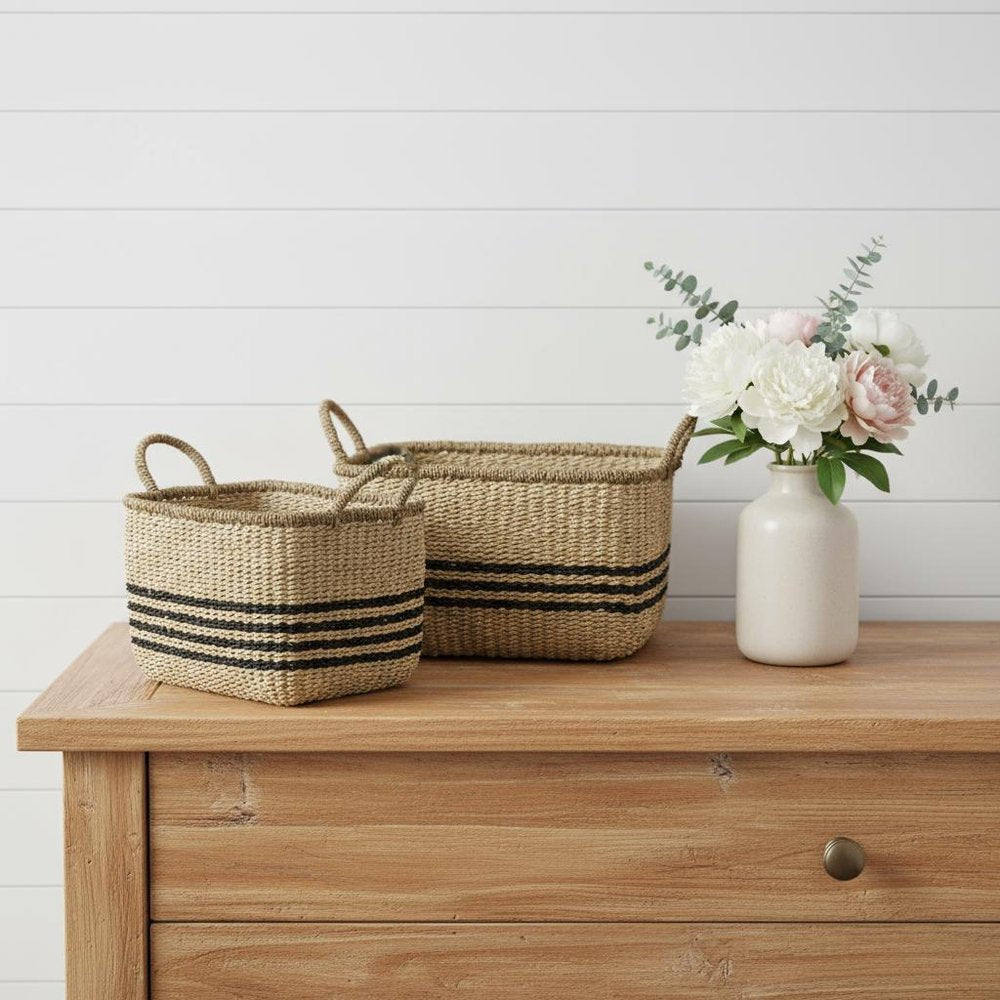 Set of Two Natural And Black Rattan Basket in a home interior