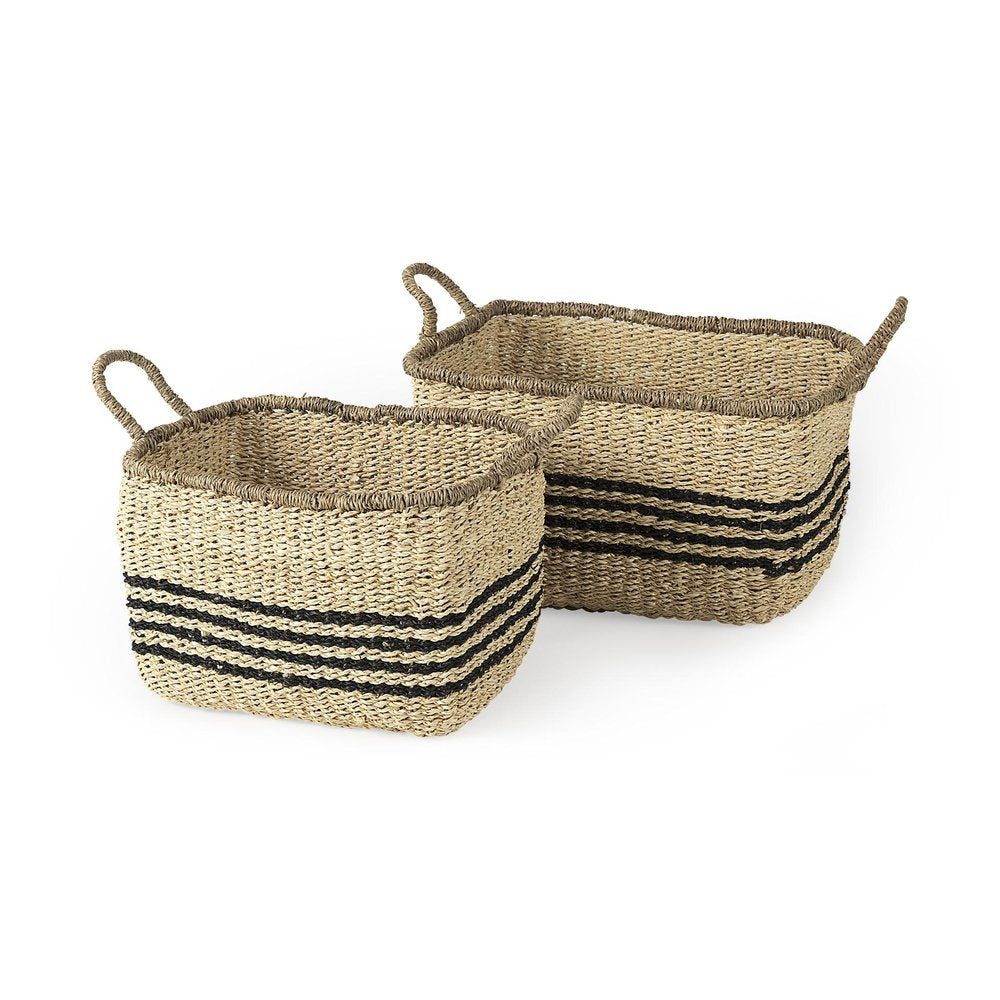 Two rectangular woven rattan baskets with black stripes and handles on a white background.