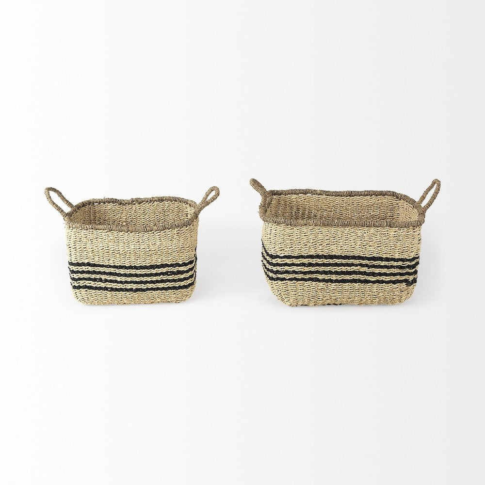 Set of Two Natural And Black Rattan Basket on a white background
