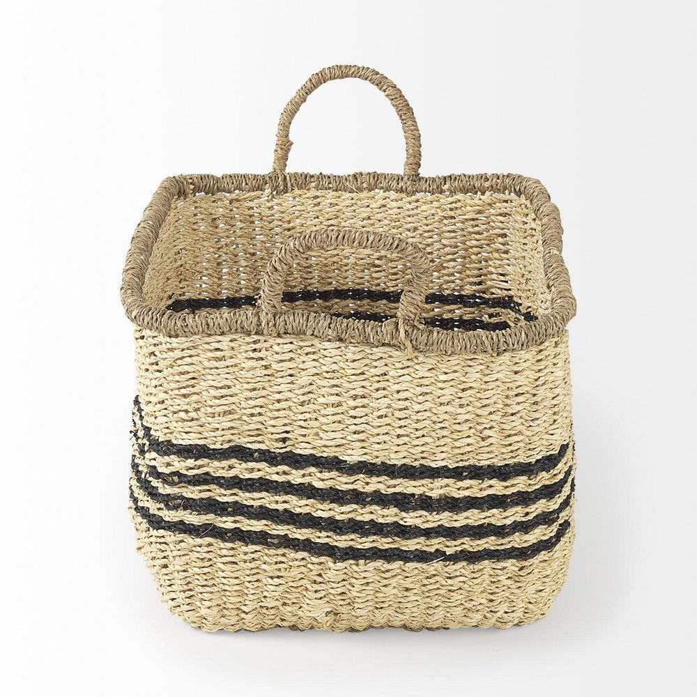 Set of Two Natural And Black Rattan Basket on a white background