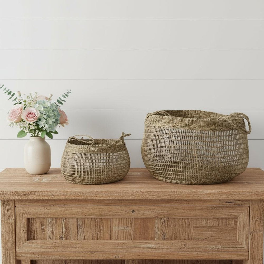 Set of Two Brown Wicker Basket - 9.45" H x 14.96" W x 14.96" D in a home interior