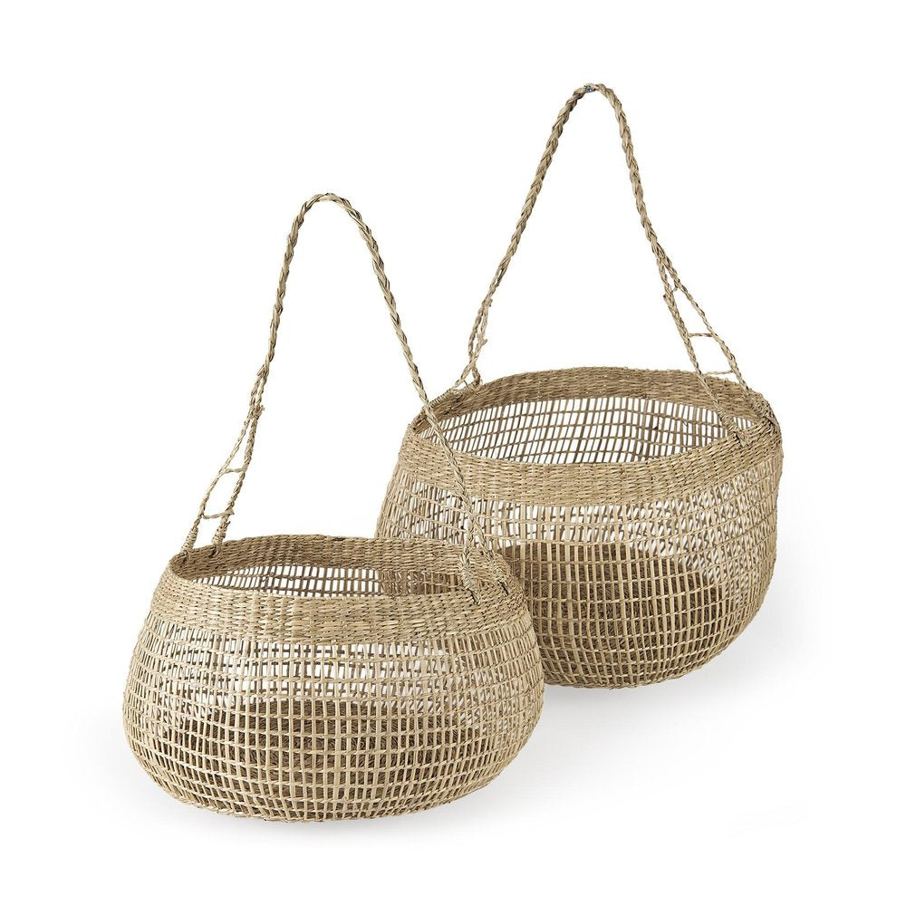 Two brown wicker baskets with handles on a white background.