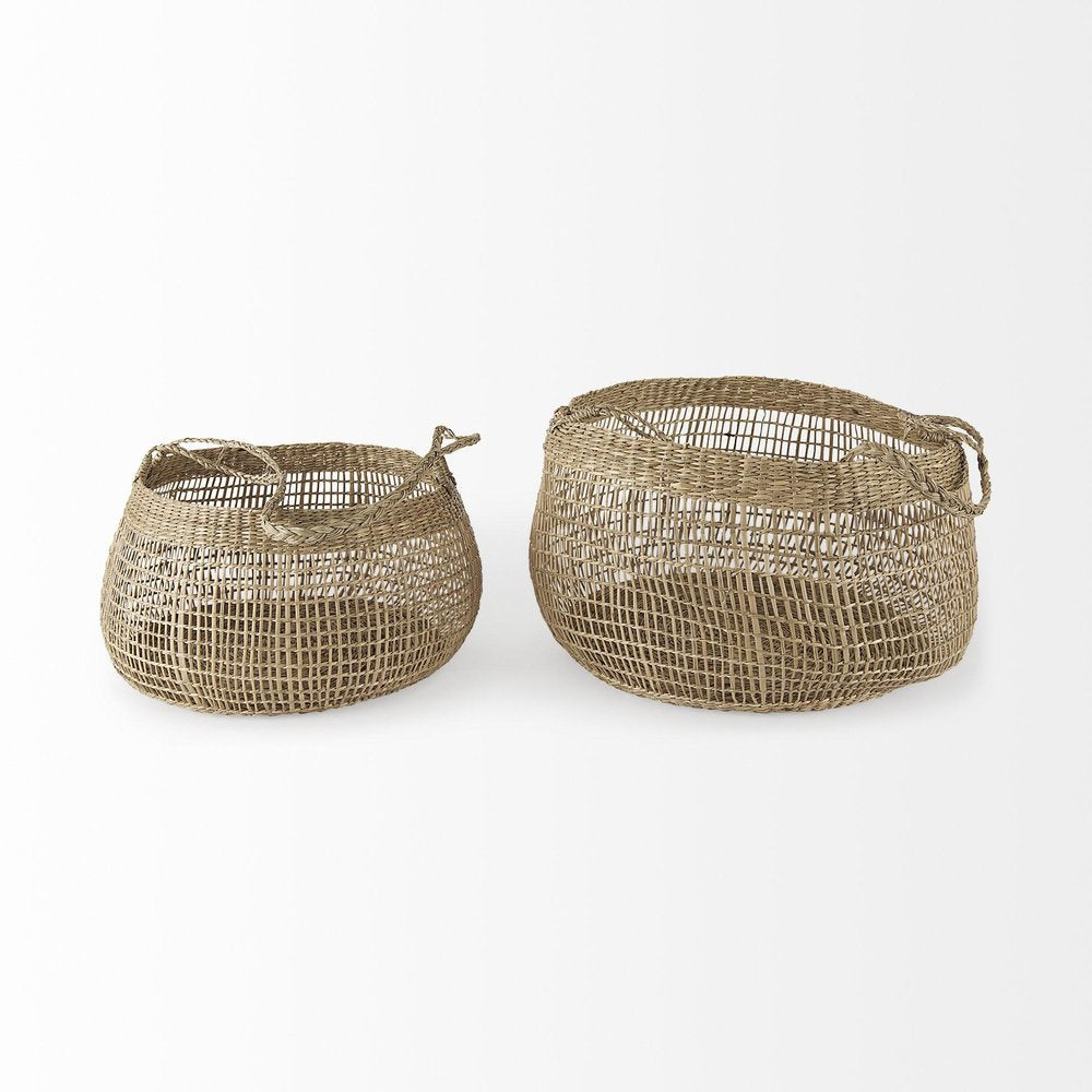 Set of Two Brown Wicker Basket - 9.45" H x 14.96" W x 14.96" D