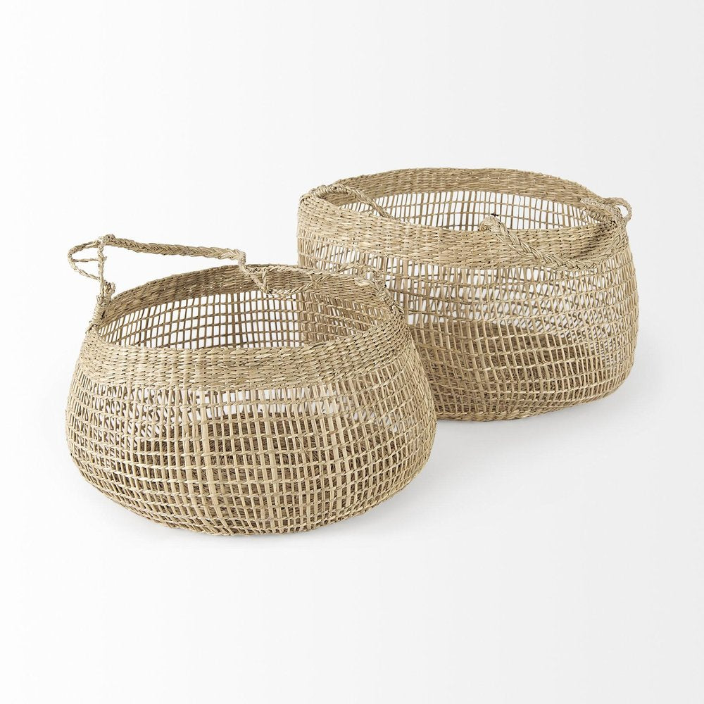 Set of Two Brown Wicker Basket - 9.45" H x 14.96" W x 14.96" D