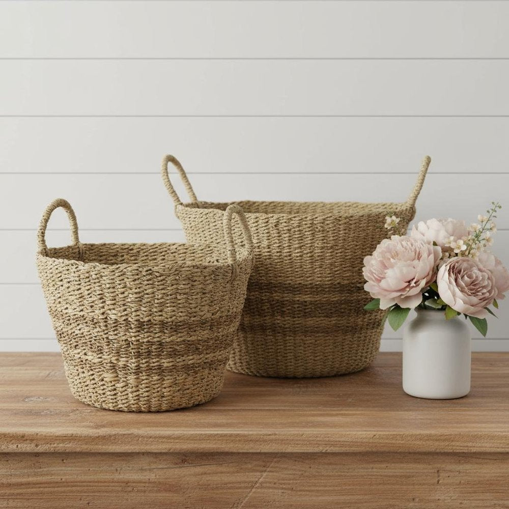 Set of Two Brown Wicker Basket - 11.81" H x 17.72" W x 17.72" D in a home interior