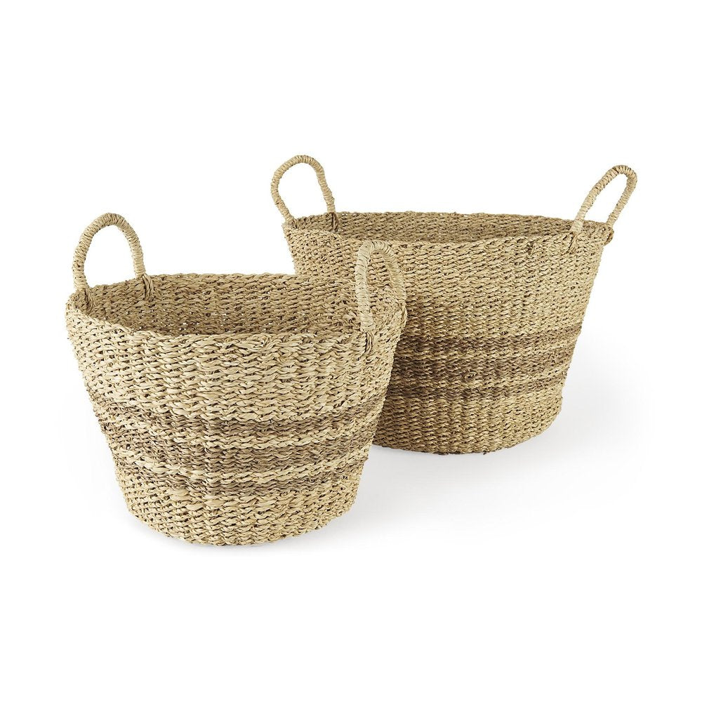 Two brown wicker baskets with handles on a white background.